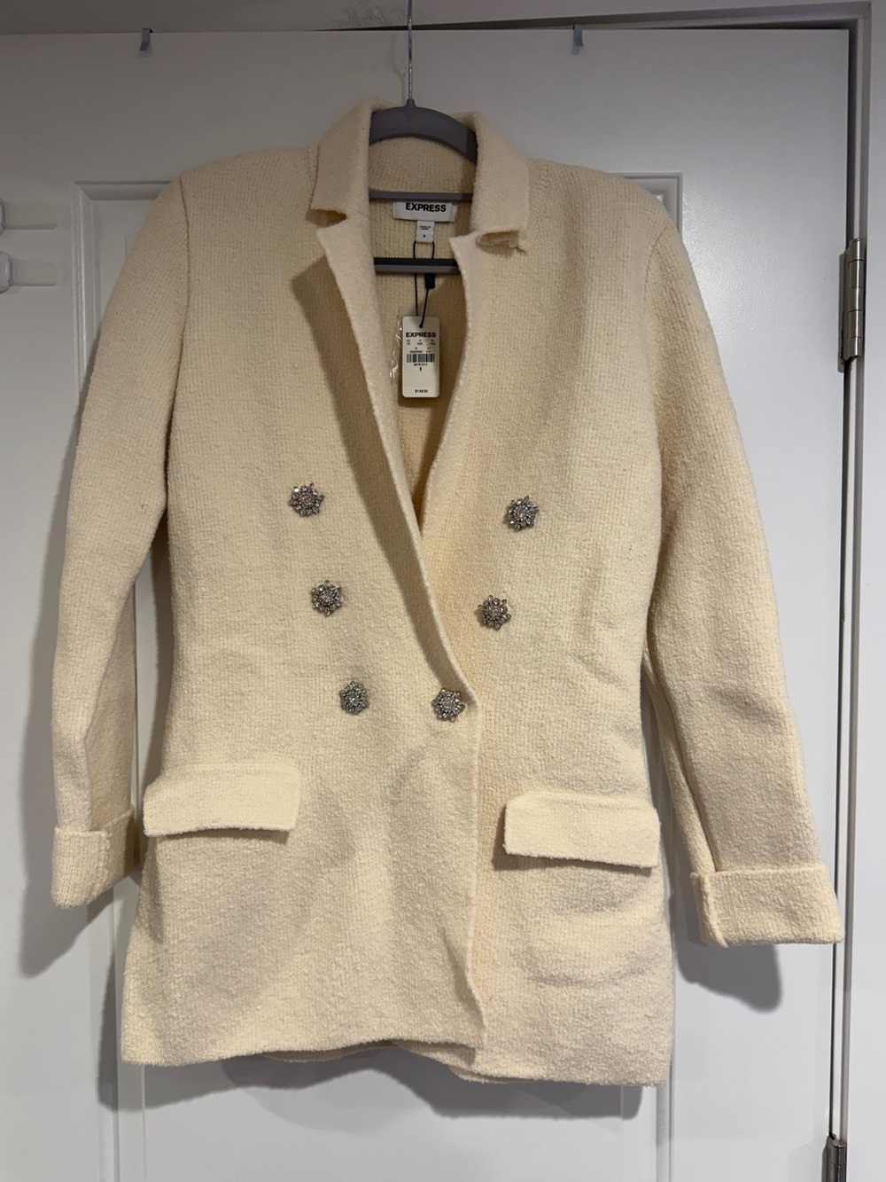 Express Cream Knit Sweater Blazer Jeweled Buttons Women's Small NWT Cotton Blend